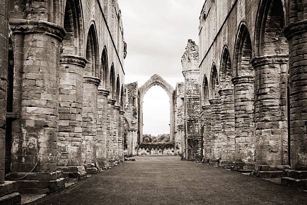 Whitby Abbey ruins stand against a cloudy sky, featuring stone walls, arches, and window openings. Green grass in foreground.