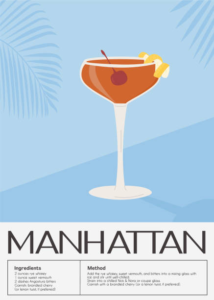 manhattan classic cocktail garniert mit maraschino-kirsche. klassischer wandkunstdruck für rezepte für alkoholische getränke. sommer-aperitif-poster. minimalistisches plakat für alkoholische getränke. vektor-illustration. - new york city built structure glass backgrounds stock-grafiken, -clipart, -cartoons und -symbole