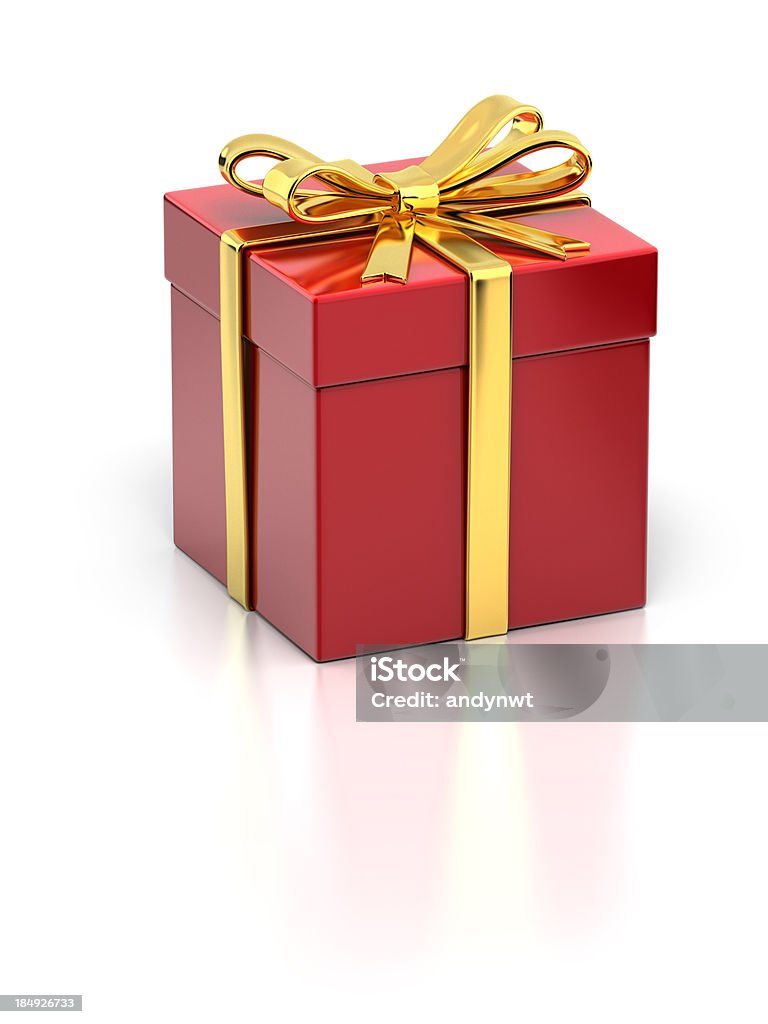 Red Gift Box with Gold Ribbon An elegant red-color gift box with golden ribbon isolated on white background. Clipping path included. Celebration Event Stock Photo