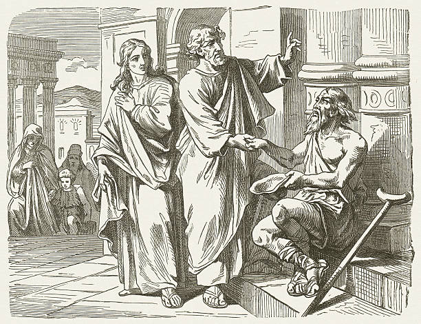 Peter and John heal the lame (Acts 3), published 1877 "Peter and John heal the lame (Acts, Chapter 3). Woodcut after a drawing by Julius Schnorr von Carolsfeld (German painter, 1794 - 1872) from my archive, published in 1877." new testament stock illustrations