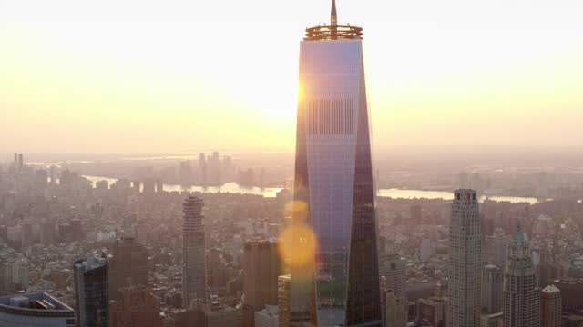 AERIAL Around the One World Trade Center in Lower Manhattan, NYC