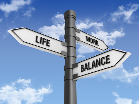 Directional Sign with Life Work Balance Words and Sky