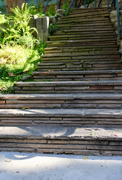 Stacked stone steps leading up into the garden