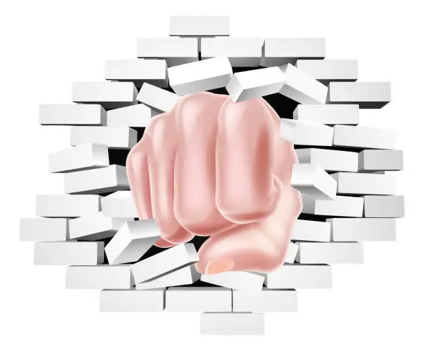 Vector illustration of Fist Hand Punching Through a Brick Wall Concept
