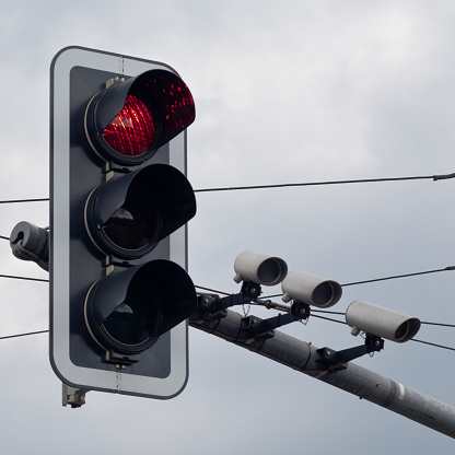 Traffic Lights Red Green and Yellow Perspective view on a white background with clipping path. 8K