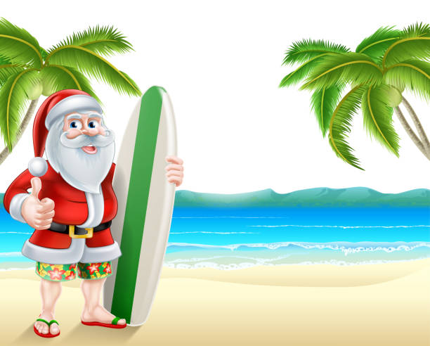 ilustraç�ões, clipart, desenhos animados e ícones de santa surf natal praia tropical de verão - beach sunlight surfboard santa claus