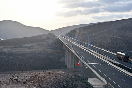 Morro Jable, Fuerteventura, Spain, November 27, 2023 - The north-south highway FV-2 shortly before Morro Jable, Fuerteventura, Spain.