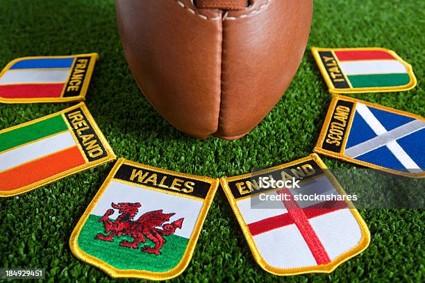 Six Different Nations Badges For Rugby Around A Rugby Ball Stock Photo - Download Image Now