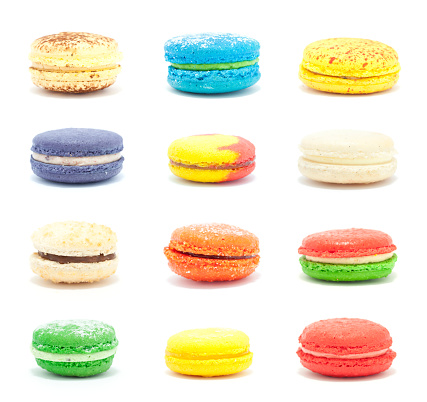 Assorted FULL RESOLUTION French macarons studio isolated on white background.  Composite image.
