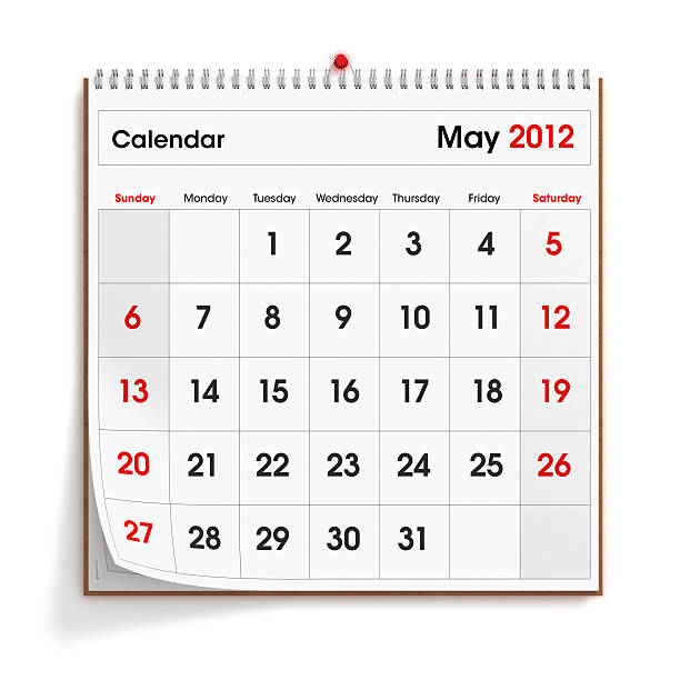 May 2012 Wall Calendar "A wall calendar, showing the month of May 2012,  isolated on a white background.Check out the other images in this series here..." calendar 2012 stock pictures, royalty-free photos & images