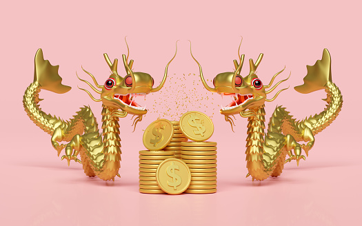 3d two gold dragon with Gold dollar coins stacks, chinese new year 2024 capricorn. 3d render illustration