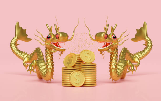 3d two gold dragon with gold dollar coins stacks, chinese new year 2024 capricorn. 3d render illustration - dragon china year thai culture imagens e fotografias de stock
