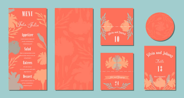 Big set with wedding celebration floral layout Universal hand-drawn floral templates in warm colors are perfect for an autumn or summer wedding, birthday invitations, menu, and baby shower. Vector illustration. wedding table layout stock illustrations