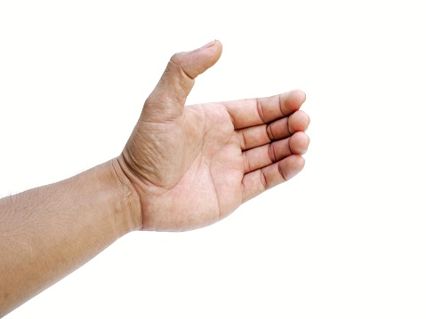 Men's hands making gestures like  is holding something  such as a phone or a water bottle  Isolated on white background.
