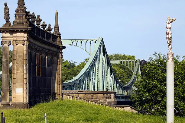"View to famous bridge Glienicker BrAcke from Potsdam towards Berlin. History of bridge begins in 17th, several times renewed and rebuilt. In 18th century part of so called Musterchaussee of Prussian. Famous after 1945 and being destroyed and rebuilt bridge has been place of German seperation and exchange agents."