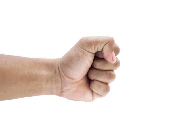 male hands making fists isolated on a white background. - signal box foto e immagini stock