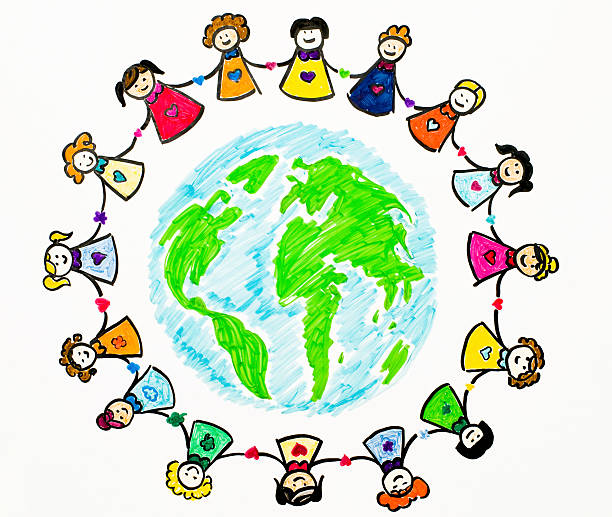 Cartoon kids holding hands around a globe.