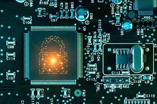 Network Security Artificial intelligence padlock symbol computer chip concept on circuit board. This file is cleaned and retouched.