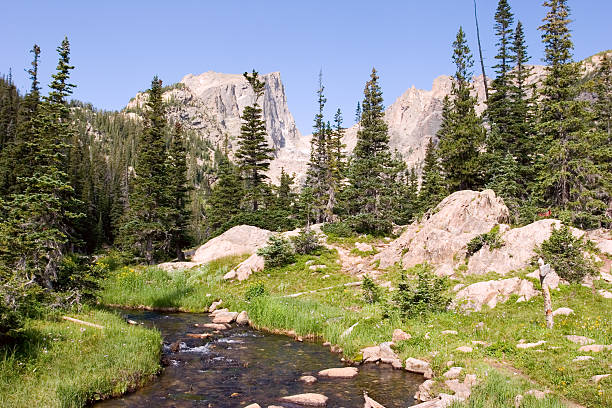 Rocky Mountains Scenic "Hallet Peak and stream in Rocky Mountain National Park, Colorado" hallett peak stock pictures, royalty-free photos & images
