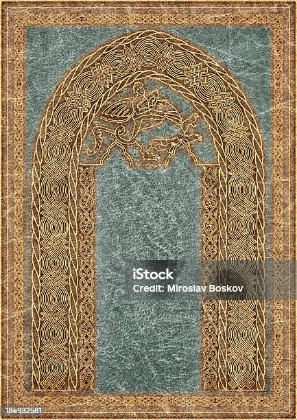 Hires Medieval Decorative Gilded Religious Motif On Blue Animalskin Parchment Stock Photo - Download Image Now