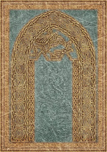This High Resolution Medieval Decorative Arabesque Gilded Motif, with representation of Archangel Saint Michael Fighting the Dragon, on Old Powder Blue Animal Skin Parchment Vignette Grunge Texture, is defined with exceptional details and richness, and represents the excellent choice for implementation within various CG Projects.
