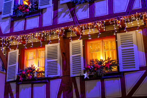 Old town houses illuminated and decorated in Christmas festive season in Colmar,Alsace,France