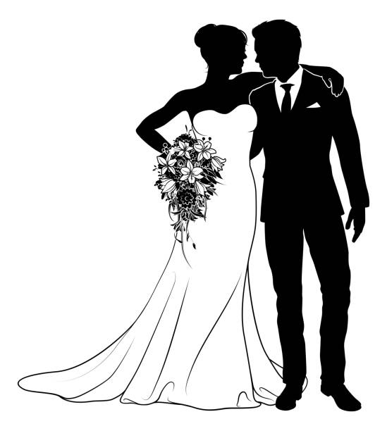 ilustrações de stock, clip art, desenhos animados e ícones de bride and groom couple wedding dress silhouettes - wedding bride wedding reception silhouette