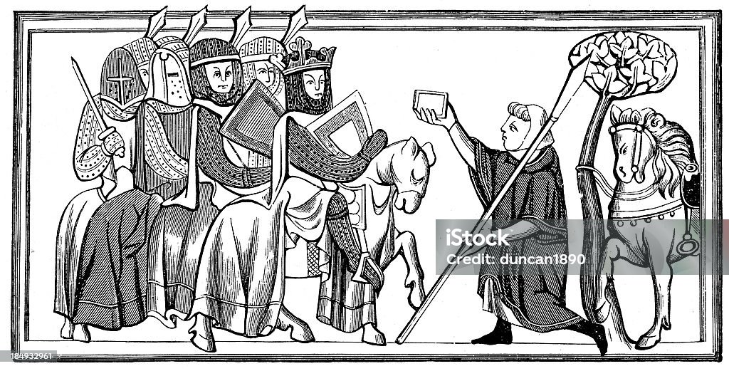 Medieval Messenger Vintage engraving from 1876 from on original manuscript of a messenger delivering a letter a king and a group of knights Delivery Person stock illustration