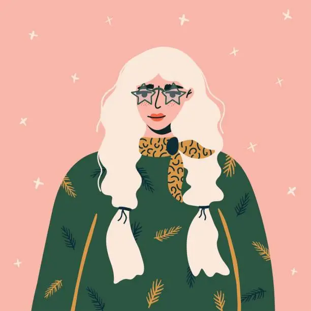 Vector illustration of Blonde beautiful woman In Christmas sweater. Cosy vector illustration is suitable for a New Year card, poster, print.