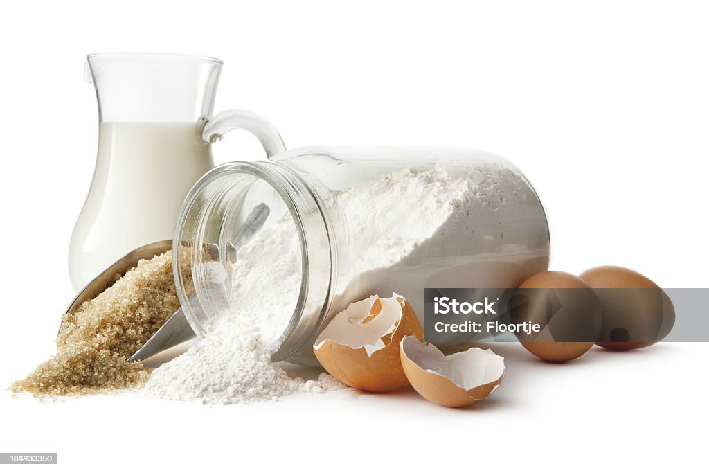 Backen Zutaten: Eier, Mehl, Zucker, Milch - Lizenzfrei Mehl Stock-Foto
