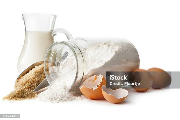 Baking Ingredients Eggs Sugar Flour And Milk Stock Photo - Download Image Now - Flour, Sugar - Food, Cut Out