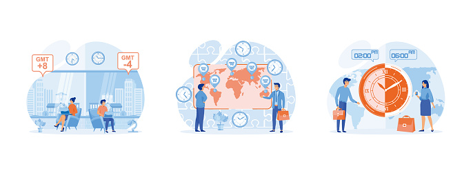 Time zones concept collage, World time concept, Big clock showing local time. Time zone set flat vector modern illustration