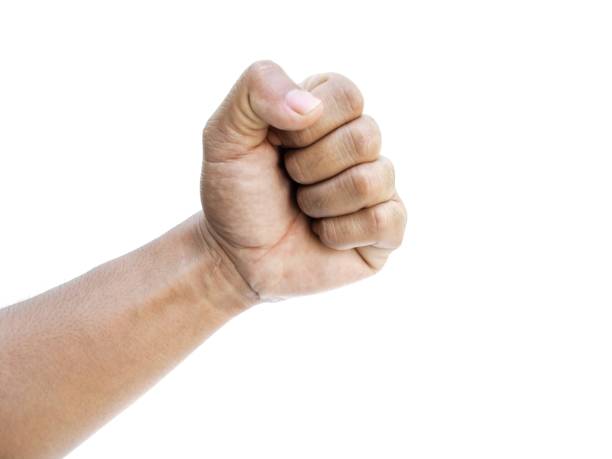 male hands making fists isolated on a white background. - signal box foto e immagini stock