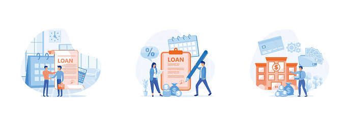 Loan agreement concept, Credit refunding with reduced interest rate, Searching Business Loan Offer. Business loan set flat vector modern illustration