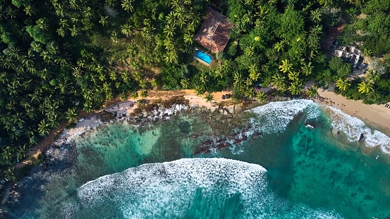 Aerial view of Hiriketiya Beach in Dikwella. Blue beach in Sri Lanka.