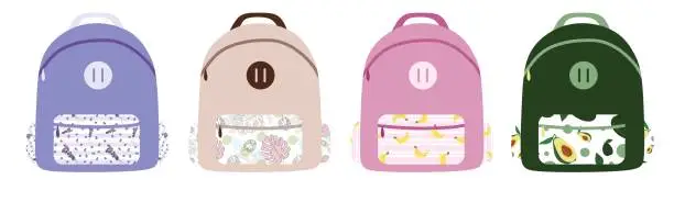 Vector illustration of Street backpacks set. School backpack with Printed pocket. Flat style or cartoon Collection of Travel bags isolated on white background. Vector illustration for Card and Logo Design. Front view.