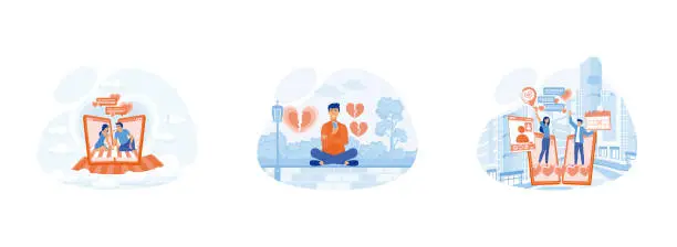 Vector illustration of Mobile application for distance , Aggressive man sits cross-legged with a cell phone with broken hearts, Man & woman lovers couple texting messages chatting via online video call in mobile phone dating app. Online dating set flat vector modern illustratio