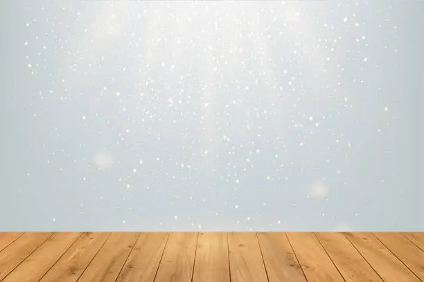 Vector illustration of Wood table top perspective on bokeh abstract background. Wooden floor with light silver snow blurred space. Vector illustration. Design for product presentation, party, cinema, theatre, celebration