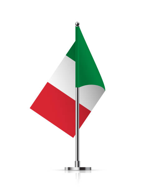 istock Flag of Italy on pole vector illustration. 3D realistic flagpole on mini steel vertical stand, isolated desktop flagstaff, green, white and red italian flag with stripes on metal sticks 1849354487