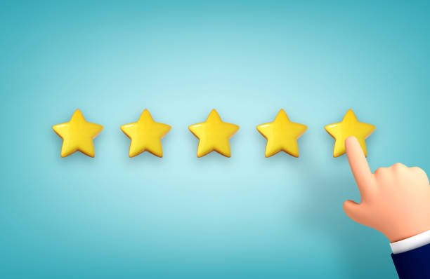 istock 3d cartoon hand pointing, finger pointing to five star rating. Vector illustration rating stars. Feedback, reputation and quality concept. Customer review concept 1849354535