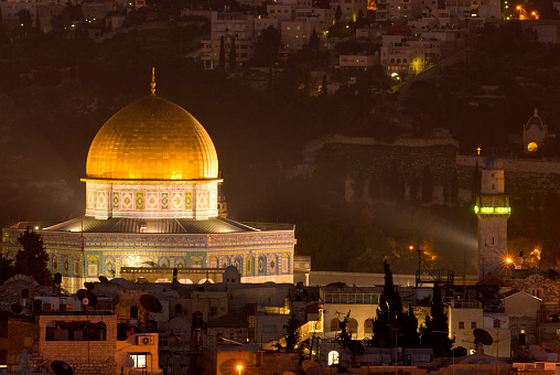 Jerusalem's Dome of the Rock and Mosque at night.