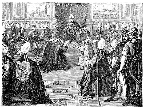 Council of Vienne 1312 Vintage engraving of the Council of Vienne in 1312. The Council of Vienne was the fifteenth Ecumenical Council of the Roman Catholic Church that met between 1311 and 1312 in Vienne. Its principal act was to withdraw papal support for the Knights Templar on the instigation of Philip IV of France. knights templar stock illustrations