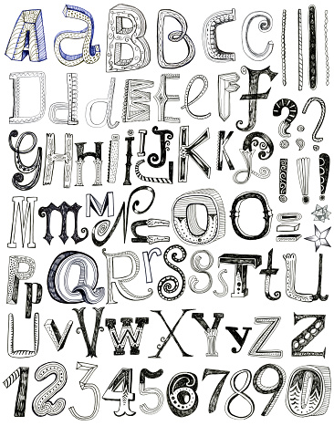 Image of hand drawn letters and numbers (mixed media of pen and pencil) isolated on white