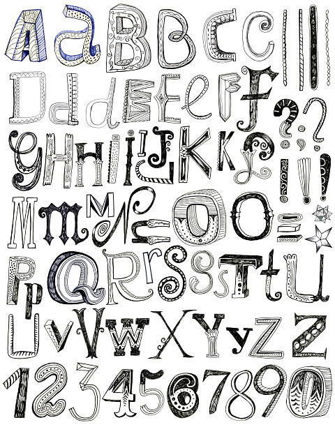 Decorative hand drawn letters and numbers isolated on white Image of hand drawn letters and numbers (mixed media of pen and pencil) isolated on white g star stock illustrations