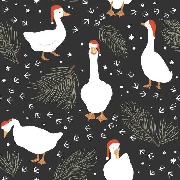 Vector illustration of Seamless pattern of geese and geese paws imprints. Winter background with snow and pine branches. Vector illustration in cartoon style.