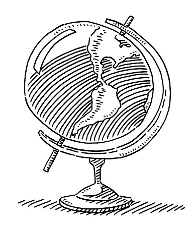 Hand-drawn vector drawing of a Geography Globe Symbol. Black-and-White sketch on a transparent background (.eps-file). Included files are EPS (v10) and Hi-Res JPG.