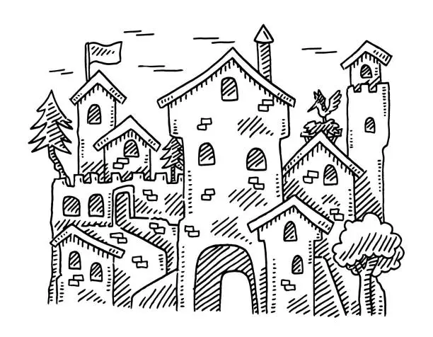 Vector illustration of Medieval Town Drawing