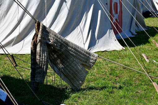 A close up on a set of tents decorated with crests of medieval families and noble houses spotted in the middle of a field, meadow, or pastureland and a forest attached with rope to the ground