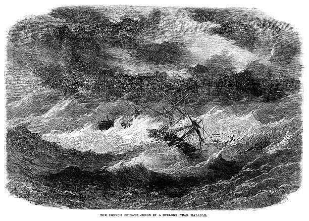 French frigate 'Junon' in cyclone near Malabar (1868 engraving IT) "An engraving from the 'Illustrated Times' dated 1868 of the French frigate 'Junon' foundering in a cyclone in the Roads of Matre, near Malabar." sinking ship pictures pictures stock illustrations