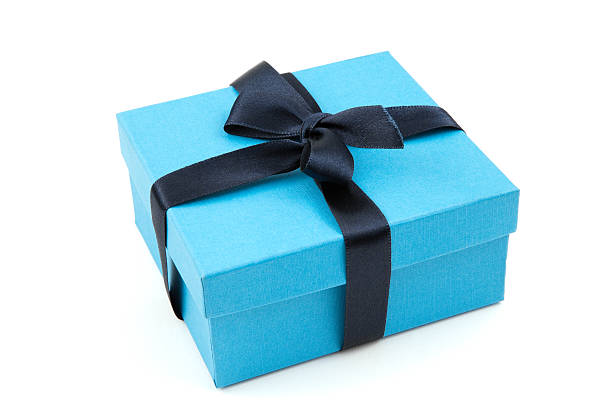 istock Dark blue ribbon and bow on a small gift box 184938406